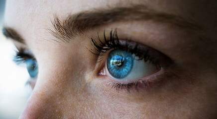 primer plano de los preciosos ojos azules de una chica peliroja con pecas reflejando ventanal en un dia de primavera - obrazy, fototapety, plakaty