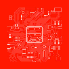 Circuit board. Electronic computer hardware processor technology. Motherboard digital chip. Tech science background. Integrated communication processor. Information engineering motherboard component