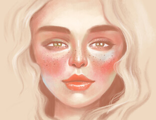 light cute gentle modern female art portrait. Light face with makeup. Girl looking straight at the camera