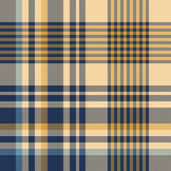 Check pattern for scarf in blue, yellow, beige. Seamless large tartan plaid vector graphic for poncho, blanket, duvet cover, other modern everyday spring autumn winter fashion textile print.