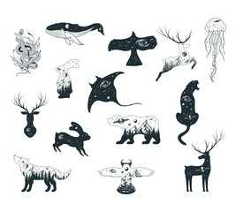 Hand drawn vector isolated illustration of celestial animals. Mystical tattoos of hare, deer, wolf, bear, owl, whale, stingray, jellyfish, panther, eagle.