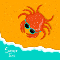 summer time beach vacation holidays background with crab with sunglasses on sand