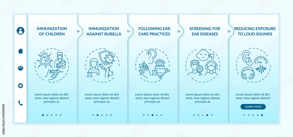 Poster hearing loss preventive measures onboarding vector template. responsive mobile website with icons. w