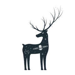 Hand drawn vector isolated illustration of celestial deer. Mystical reindeer with stars, constellations, moon and planets.