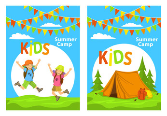 kids camp poster templates with children jumping for joy and campsite with tent, forest and backpacks
