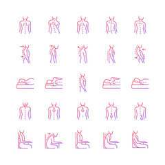 Back and posture problems gradient linear vector icons set. Spinal abnormalities. Maintaining natural alignment. Thin line contour symbols bundle. Isolated vector outline illustrations collection - obrazy, fototapety, plakaty
