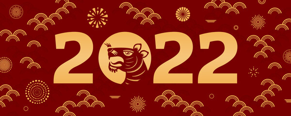 2022 Chinese New Year tiger silhouette, abstract elements, fireworks, gold on red background. Oriental, eastern style vector illustration. Flat style design. Concept for holiday card, banner, poster.