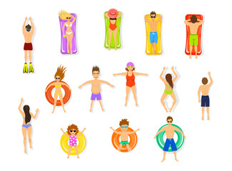top view of people swimming in pool, sea water, isolated