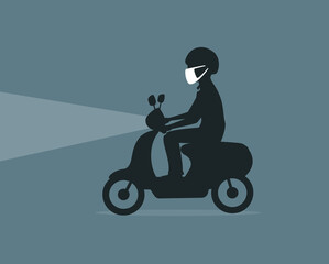silhouette of a man driving scooter wearing air pollution protective air mask