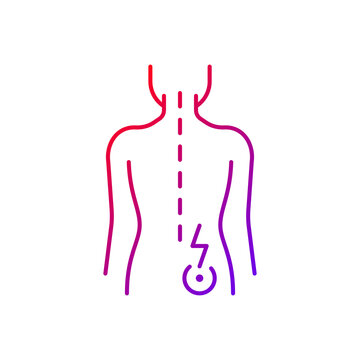 Lower Right Back Pain Gradient Linear Vector Icon. Sprains And Strains. Muscle-related One-sided Backache. Thin Line Color Symbols. Modern Style Pictogram. Vector Isolated Outline Drawing