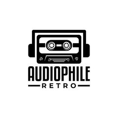 illustration of a cassette with a headphone. vintage cassette logo for retro music store.