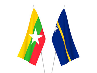 National fabric flags of Myanmar and Republic of Nauru isolated on white background. 3d rendering illustration.