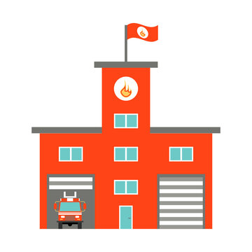 Red fire truck drives out of the gate of the fire station. Flag with fire on the roof of the building. Vector isolated. Flat style