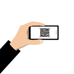Hand with phone scanning qr code on white background. Scan QR code to Mobile Phone. Electronic , digital technology, barcode. Vector illustration.