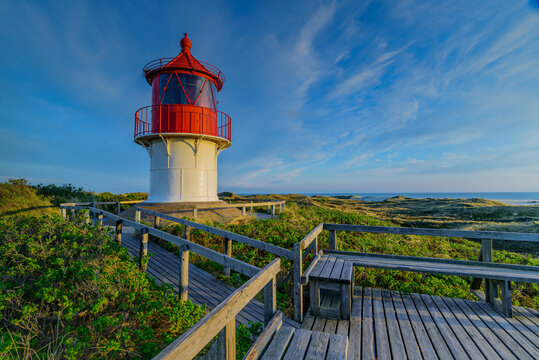 Lighthouse on the North Sea, Amrum. Orientation and vantage point: lighthouse as cross-brand fire south of Norddorf on island Amrum, Nordfriesland, Schleswig-Holstein, Germany.