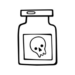 A glass potion jar decorated with a cute skull sticker. The witch attribute. Halloween. Cartoon hand-drawn vector illustration in doodle style, isolated. For card, sticker, Halloween party, coloring.