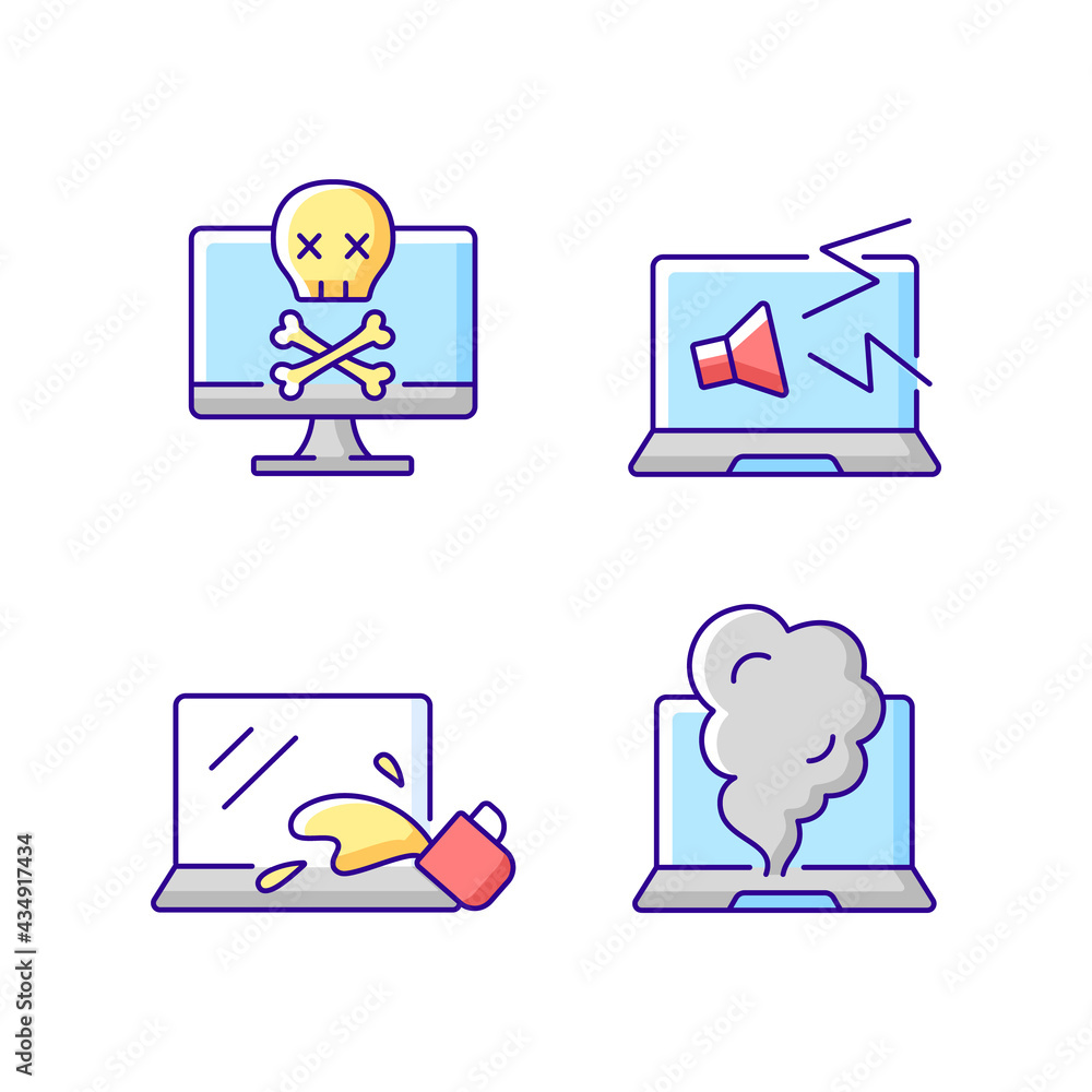 Poster broken laptop rgb color icons set. water damage symptoms in hardware. notebook strange noises. syste