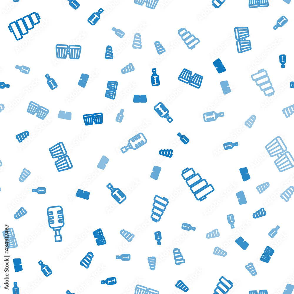 Poster set line microphone, pan flute and drum on seamless pattern. vector