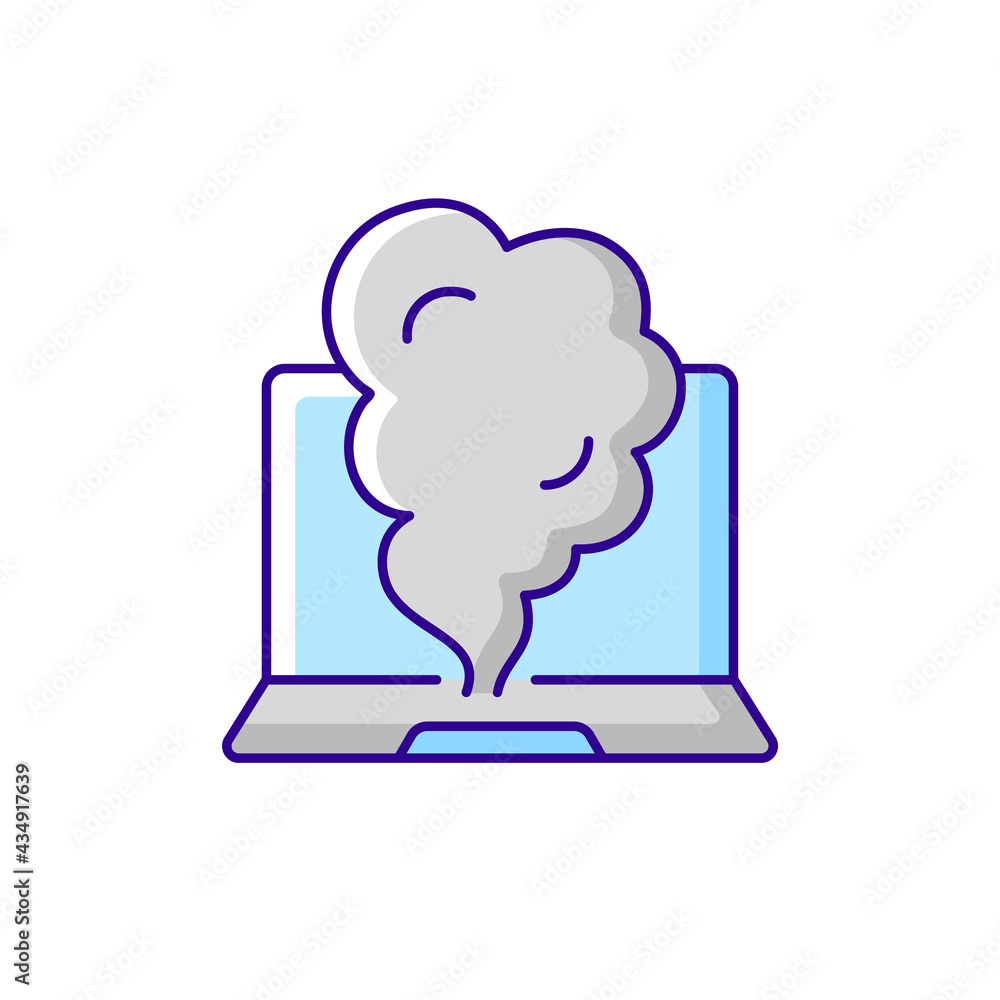 Poster smoking computer rgb color icon. symptom of overheating hardware. broken notebook. system failure. d