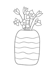 Bouquet of daffodils and tulips in a wide vase with a horizontal wavy pattern. Isolated contour black and white illustration in doodle style on a white background.