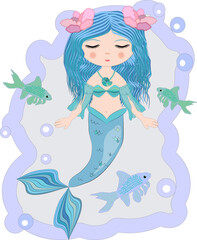 Obraz na płótnie Canvas Cartoon beautiful little mermaid in a wreath. Siren. Sea theme.