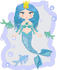 Cartoon beautiful little mermaid in a wreath. Siren. Sea theme.