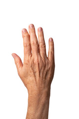 Hand of elderly Caucasian woman with Heberden's arthritis at the index finger on white background....