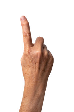 Index finger of elderly Caucasian woman with Heberden's arthritis isolated on white background. Crooked finger for illustration of aging process, injury or bone fracture