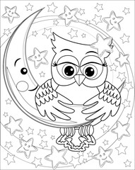 Coloring book for adult and older children. Coloring page with an owl on the moon among the stars.