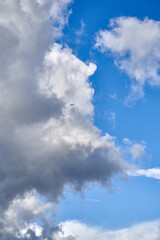 Dramatic thunderclouds float across the blue sky