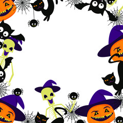 halloween frame with skeleton spider bat and pumpkin