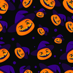 halloween pattern with big pumpkins in hats