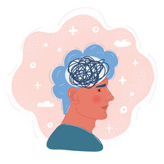 Vector illustration of Confused man with mess in his head.
