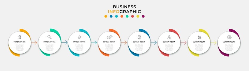 Vector Infographic design business template with icons and 8 options or steps. Can be used for process diagram, presentations, workflow layout, banner, flow chart, info graph