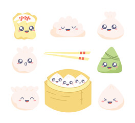 Dim sum - clipart set. Collection of kawaii drawings with cute dumplings. Vector cartoon illustration