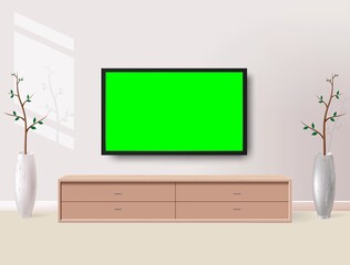 Realistic TV LCD screen mockup. Panel with green screen on background. Vector illustration