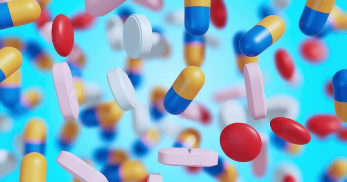 Huge number of different kinds pills falling seamless.
Medical footage and healthy lifestyle of multi-colored tablets, vitamins, drugs are flying. 3d rendering