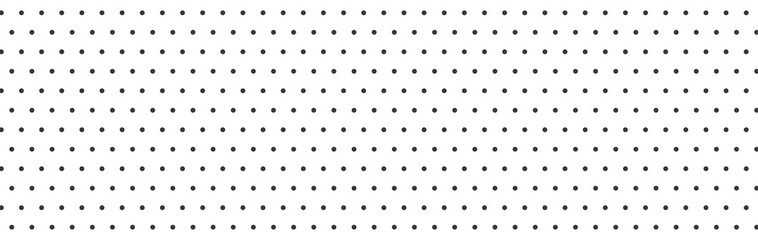 Dot long background. Geometric circle texture on white banner. Repeat grey ornament. Polka dot design element. Cloth print. Perforated shape. Grid business cover. Optical effect. Vector illustration