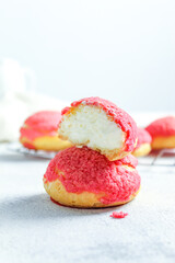  Red velvet craquelin choux (crispy cream puffs). Delicious French Choux Pastry Dessert with Tiger motifs on Top (Craquelin). selective focus.