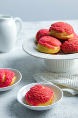  Red velvet craquelin choux (crispy cream puffs). Delicious French Choux Pastry Dessert with Tiger motifs on Top (Craquelin). selective focus.
