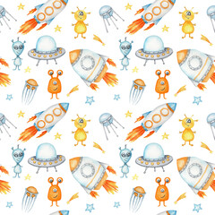 Space Seamless pattern with Astronaut, cosmonaut, Space rocket, Flying saucer UFO, Spaceship, alien, Unidentified flying object, stars. Watercolor kids fabric design, wrapping paper, background