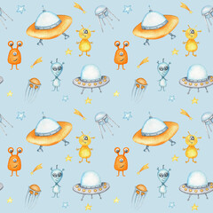 Space Seamless pattern with Astronaut, cosmonaut, Space rocket, Flying saucer UFO, Spaceship, alien, Unidentified flying object, stars. Watercolor kids fabric design, wrapping paper, background