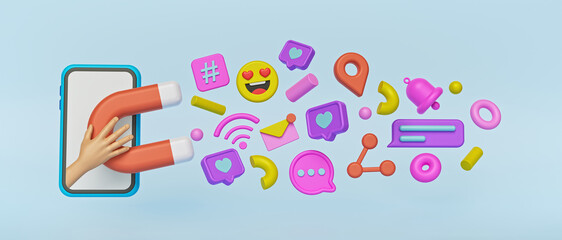 Social media marketing concept with smartphone, magnet and colorful icons. 3d rendering