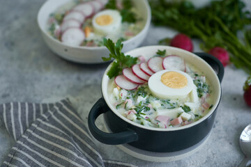 Traditional Russian cold okroshka soup served in a plate with herbs Kefir vegetable soup