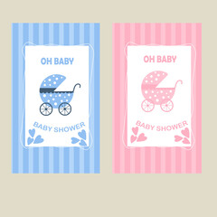 Baby shower, holiday invitation. Boy, child, date and time. Little kid's party. Baby stroller. Oh baby