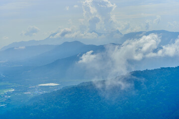 Natural landscape. Tropical island in Malaysia. Mountain jungle nature view from high viewpoint