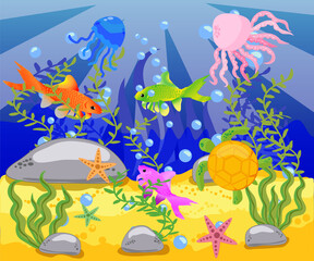 Naklejka na ściany i meble The beauty of underwater life with different animals and habitats.