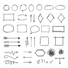 Infographic elements on isolation background. Big set of different signs. Hand drawn simple elements. Highlighters for design. Line art. Abstract circles, arrows and rectangle frames. Doodles for work