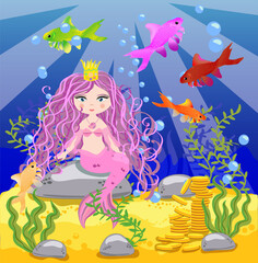 background with an underwater world in a children's style. A mermaid is sitting on a rock.