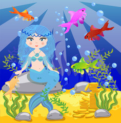 Fototapeta na wymiar background with an underwater world in a children's style. A mermaid is sitting on a rock.